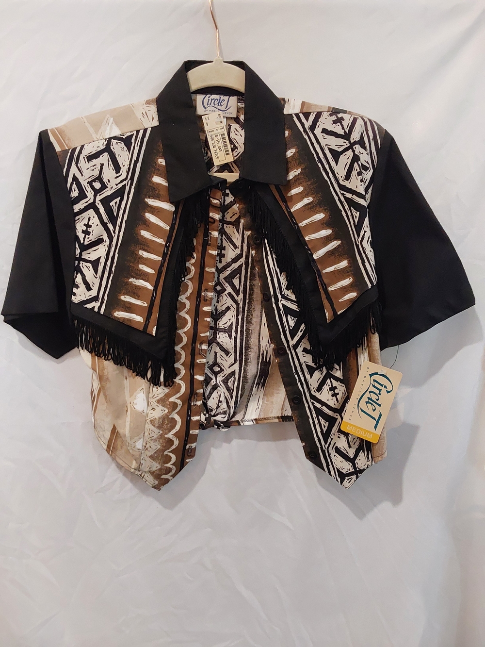 Vintage Brown & Black Western Patterned Button Down Cropped Top With Tied Back